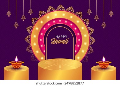 Podium round stage style, for Diwali and Dussehra, the indian festival of lights with Diya lamp, fire lighting and orientl objects on color background