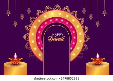 Podium round stage style, for Diwali and Dussehra, the indian festival of lights with Diya lamp, fire lighting and orientl objects on color background