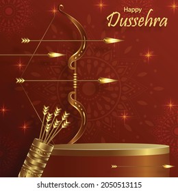 Podium round stage style, for Dussehra festival celebration, indian’s illustration of Lord Rama symbols and with oriental elements and arrow bow on paper color background