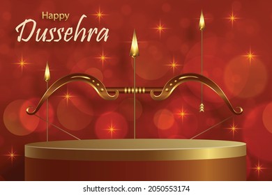 Podium round stage style, for Dussehra festival celebration, indian’s illustration of Lord Rama symbols and with oriental elements and arrow bow on paper color background