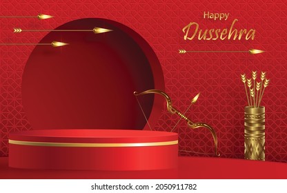 Podium round stage style, for Dussehra festival celebration, indian’s illustration of Lord Rama symbols and with oriental elements and arrow bow on paper color background