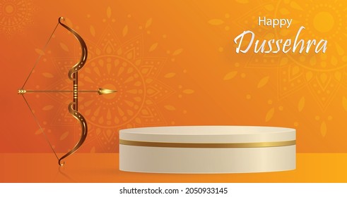 Podium round stage style, for Dussehra festival celebration, indian’s illustration of Lord Rama symbols and with oriental elements and arrow bow on paper color background