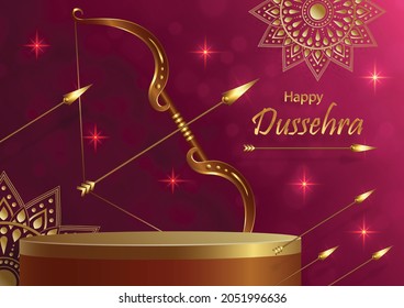 Podium round stage style, for Dussehra festival celebration, indian’s illustration of Lord Rama symbols and with oriental elements and arrow bow on paper color background