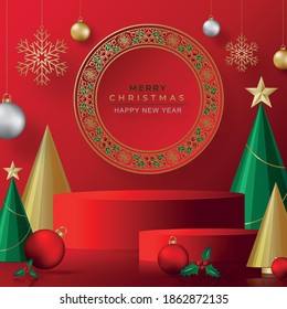 Podium round stage style, for Merry christmas and happy new year and festivals or greeting festival with red paper cut art and craft on color backgroung with festive elements