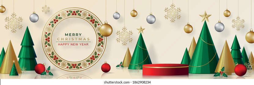 Podium round stage style, for Merry christmas and happy new year and festivals or greeting festival with red paper cut art and craft on color backgroung with festive elements