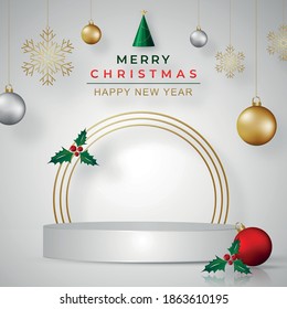 Podium round stage style, for Merry christmas and happy new year and festivals or greeting festival with red paper cut art and craft on color backgroung with festive elements