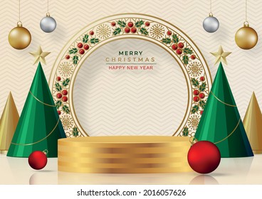 Podium round stage style, for Merry christmas and happy new year and festivals or greeting festival with gold paper cut art and craft on color backgroung with festive elements