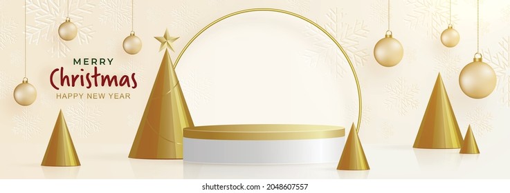 Podium round stage style, for Merry christmas and happy new year and festivals or greeting festival with red paper cut art and craft on color backgroung with festive elements