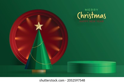Podium round stage style, for Merry christmas and happy new year and festivals or greeting festival with red paper cut art and craft on color backgroung with festive elements