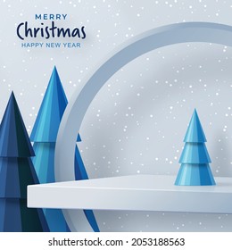 Podium round stage style, for Merry christmas and happy new year and festivals or greeting festival with blue paper cut art and craft on color backgroung with festive elements