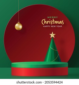 Podium round stage style, for Merry christmas and happy new year and festivals or greeting festival with red paper cut art and craft on color backgroung with festive elements