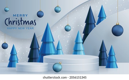 Podium round stage style, for Merry christmas and happy new year and festivals or greeting festival with blue paper cut art and craft on color backgroung with festive elements