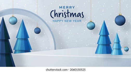 Podium round stage style, for Merry christmas and happy new year and festivals or greeting festival with blue paper cut art and craft on color backgroung with festive elements