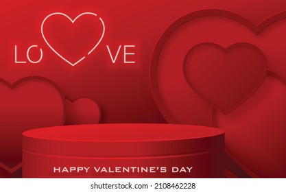 Escenario de podio para el día de San Valentín con corazón rojo y dorado para que te amo el día, papel rojo corte arte y artesanía sobre fondo de color rojo con elementos festivos para tarjeta de saludo, banner, web