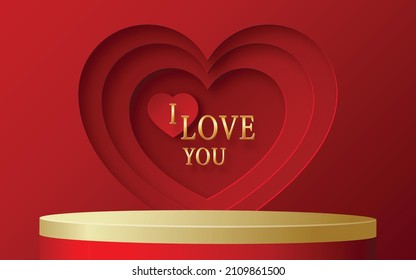 Podium round stage for Valentine day with red and gold heart for I love you day, red paper cut art and craft on red color background with festive elements for greeting card, banner, web