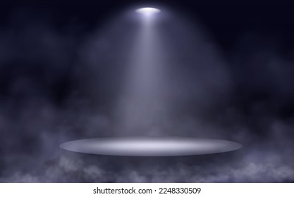 Podio, escenario redondo, pedestal ganador iluminado por el foco. Plataforma circular, haz de proyector y nubes de humo sobre fondo negro, ilustración vectorial realista