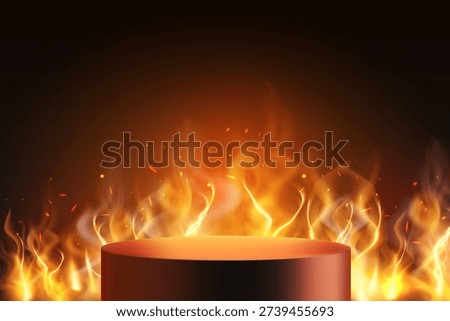 Podium round stand on fire burning background black. Flaming pedestal with blazing and sparkles. Realistic vector fiery pedestal platform for product showcase and presentation in tongues of flame
