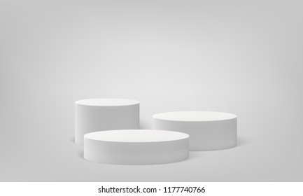 Podium scene or 3D round pillar stand scene and winner pedestal in studio on vector gray or white minimal background