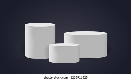 Podium scene or 3D round pillar stand scene and winner pedestal in studio on vector gray or white minimal background