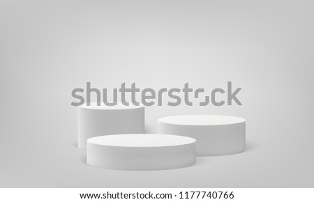 Podium scene or 3D round pillar stand scene and winner pedestal in studio on vector gray or white minimal background