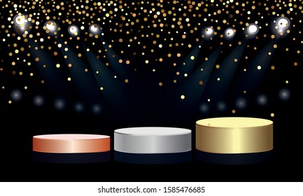 Podium, scene for the award ceremony of the three winners on a black background. Vector illustration