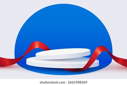 Fondo de escena de podio con cinta. Producto de presentación, maqueta. Pedestal o plataforma ganador de la etapa. Ilustración vectorial