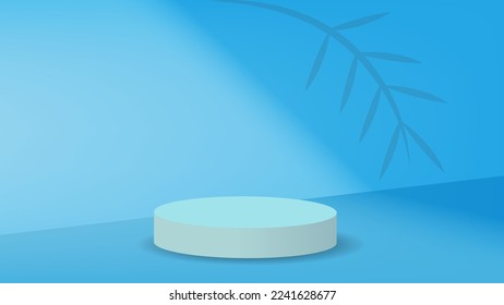 Fondo azul de la escena del podio. podio con luz de ventanas y ramas de plantas para promoción de productos, negocios, cosméticos. minimalismo vectorial 3D