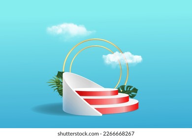Podiumszene mit geometrischer Form auf Hintergrund Himmel und Wolken Studioprodukt