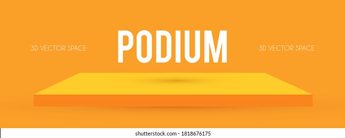 Podium. Scene, pedestal and 3D platform with light. Advertising, award and win design. Show and sale background. Realistic presentation mockup. Yellow and gold shelf.