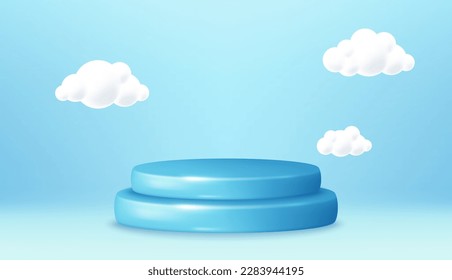 Podium scene with product platform and 3d clouds background. Abstract scene banner with pedestal. Product presentation mockup, show product podium, presentation offer platform. 3d podium stage. Vector