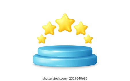 Podium scene with product platform and customer review stars. Abstract scene banner with 3d pedestal. Product presentation mock up, show product podium, customer satisfaction platform. Vector