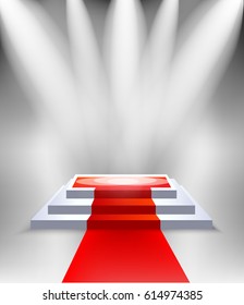  Podium scene with red carpet and light, three square stage. Realistic vector pedestal
