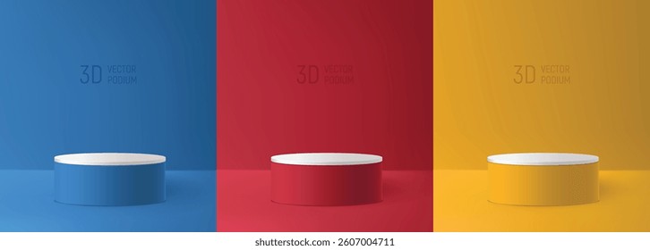 Podium set in abstract colored room with cyclorama. Abstract studio 3d with blue, red and yellow realistic round scene podium. Soft light on pedestal set, realistic front view, vector podium mockup.