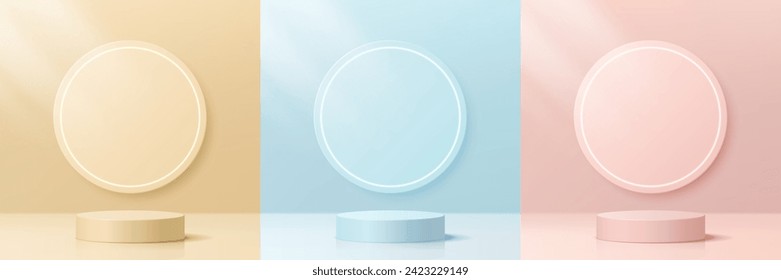 Podiumset in Blau, Rosa und Gelb, 3D-Zylinder-Podest in minimaler Raum-Szene für Produktdarstellung, Präsentation, Werbung. Vektorgrafik.