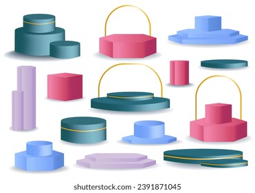 Podium set in flat cartoon design. This colorful set feature podiums, each designed in a vibrant palette to add a dynamic touch to any presentation. Vector illustration.