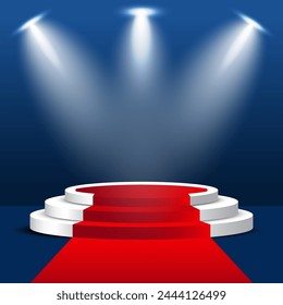 podium set with red carpet. Spotlight lights and a dark blue background