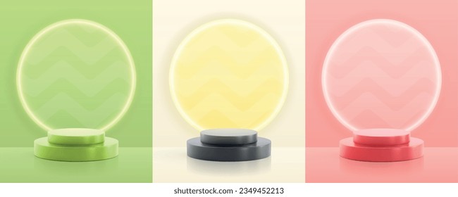 Podium set of three realistic cards with vertical compositions of abstract backgrounds circle backlight and pedestals vector illustration