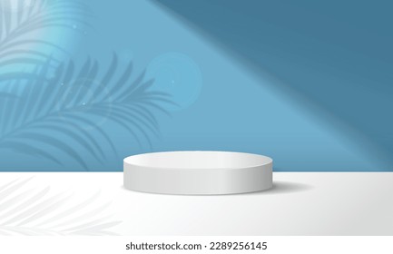 Podium with shadow. White pedestal under beam against blue wall. Place for presentation and advertising of cosmetic products. Stage or platform for marketing. Realistic 3D vector illustration