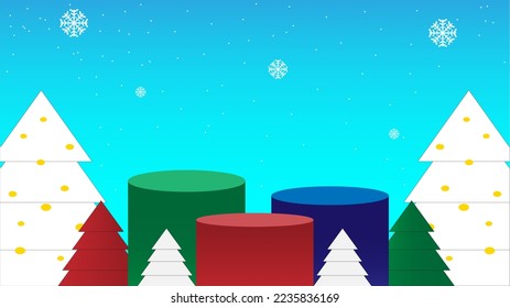 Podium shape minimal mock up with christmas tree blue background,Abstract mock up snow winter