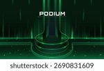 Podium shape neon line with glow binary code effect element on dark green background. Futuristic scene design concept for technology banner product.