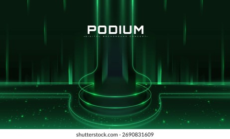 Podium shape neon line with glow binary code effect element on dark green background. Futuristic scene design concept for technology banner product.