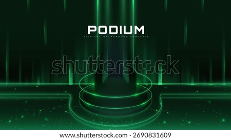 Podium shape neon line with glow binary code effect element on dark green background. Futuristic scene design concept for technology banner product.