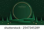 Podium shape for show cosmetic product display for christmas day or new years. Stand product showcase on green background with lighting christmas. vector design.