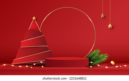 Podium shape for show cosmetic product display for Christmas day or New Years. Stand product showcase on red background with tree christmas. vector design.