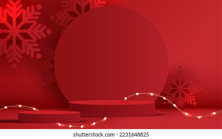 Forma de podio para mostrar productos cosméticos para Navidad o Año Nuevo. Muestra de producto sobre fondo rojo con navidad de árbol. diseño vectorial.