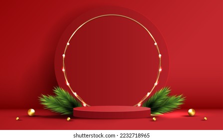 Podium shape for show cosmetic product display for Christmas day or New Years. Stand product showcase on red background with tree christmas. vector design.