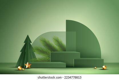 Podium shape for show cosmetic product display for Christmas day or New Years. Stand product showcase on green background with tree christmas. vector design.