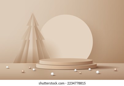 Podium shape for show cosmetic product display for Christmas day or New Years. Stand product showcase on brown background with tree christmas. vector design.