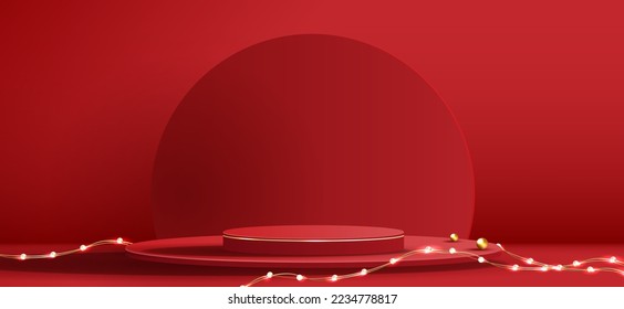 Podium shape for show cosmetic product display for Christmas day or New Years. Stand product showcase on red background with tree christmas. vector design.