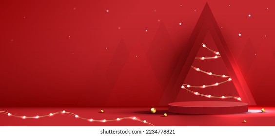 Podium shape for show cosmetic product display for Christmas day or New Years. Stand product showcase on red background with tree christmas. vector design.